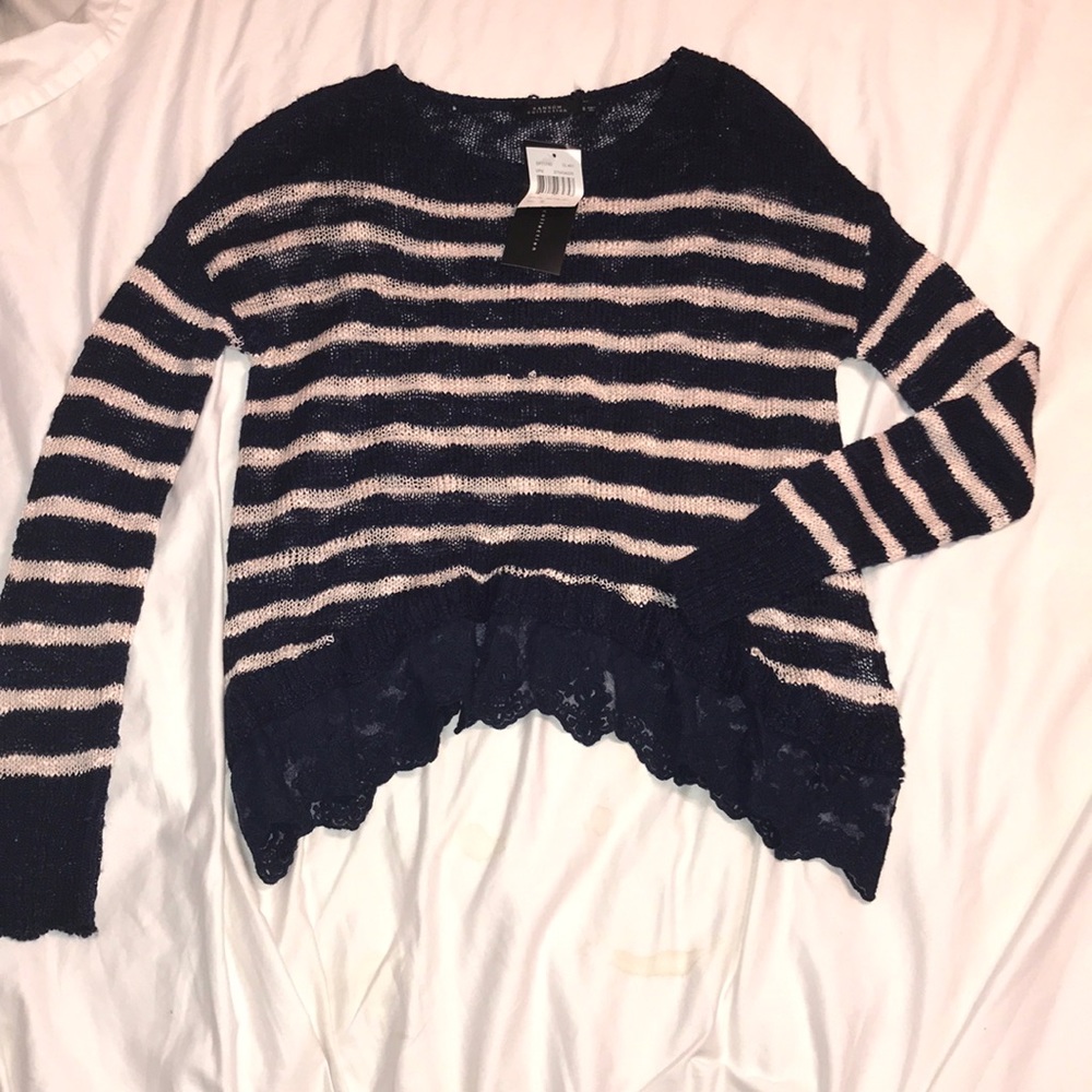 Navy Blue Stripped Sweater with Lace Trim